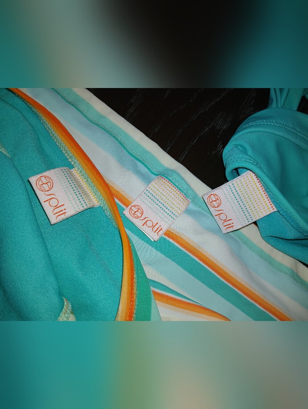 Split Teal, White & Orange Striped Women's 3-Piece Swim Set - Picture 7 of 11